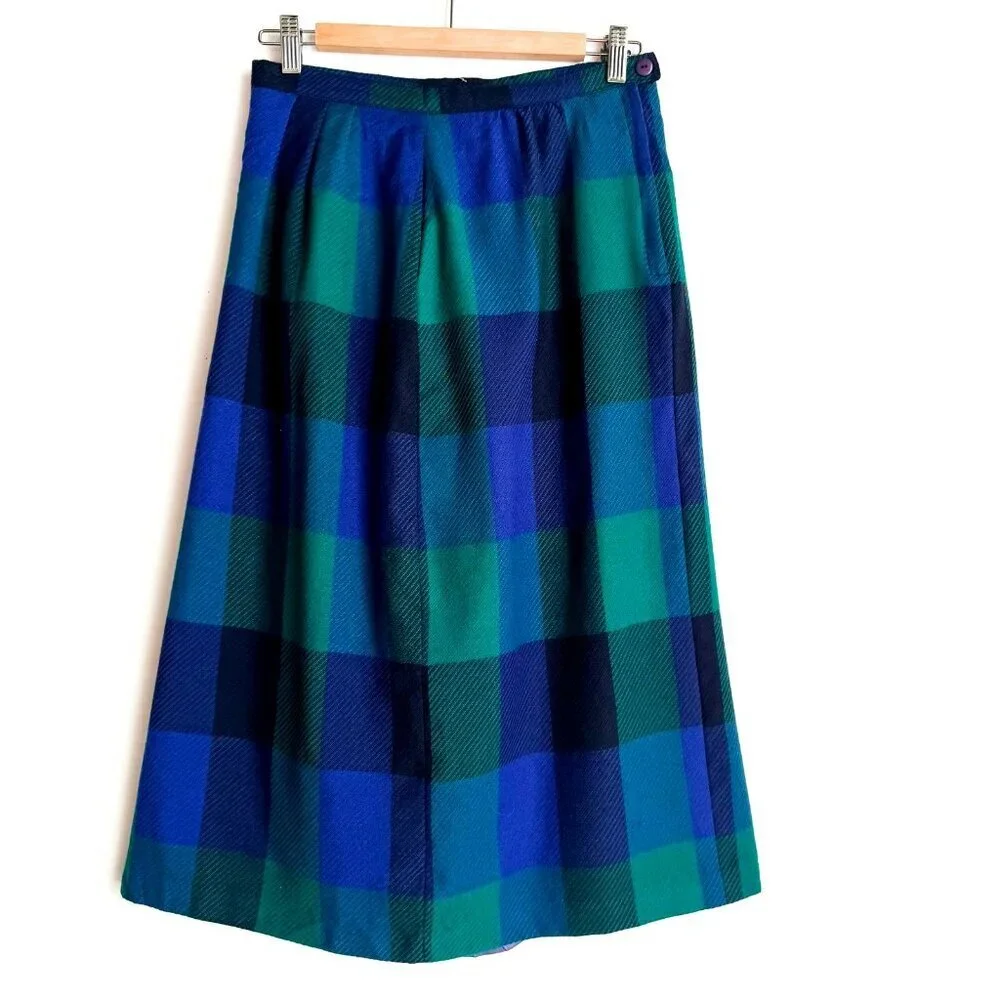 Allure Canada Green Blue Window Pane Plaid Wool Skirt M - Picture 2 of 5